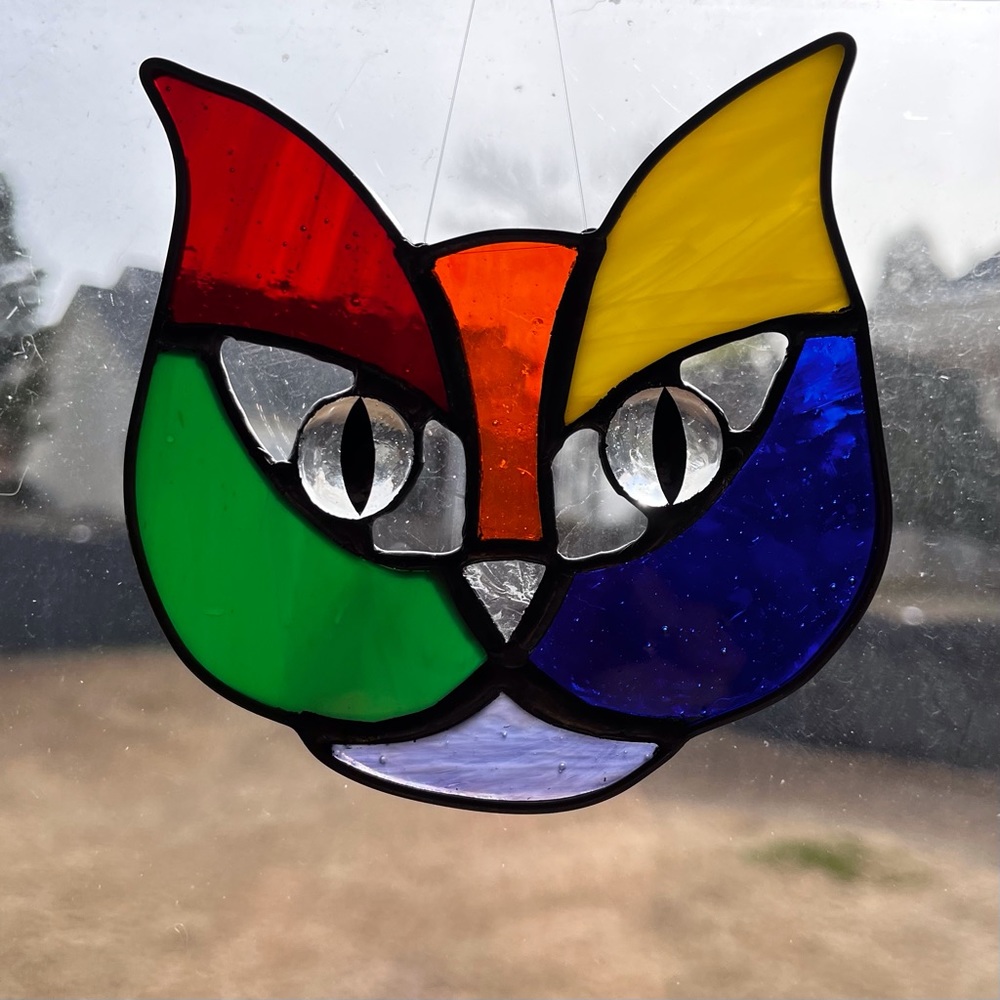 Stained Glass Handmade Hand Cut Cat Kitty Face by Jaggedglassworks